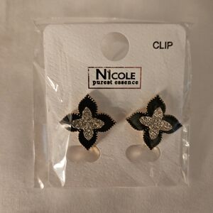 Nicole Black and Gold Floral Clip Earrings Choose 1